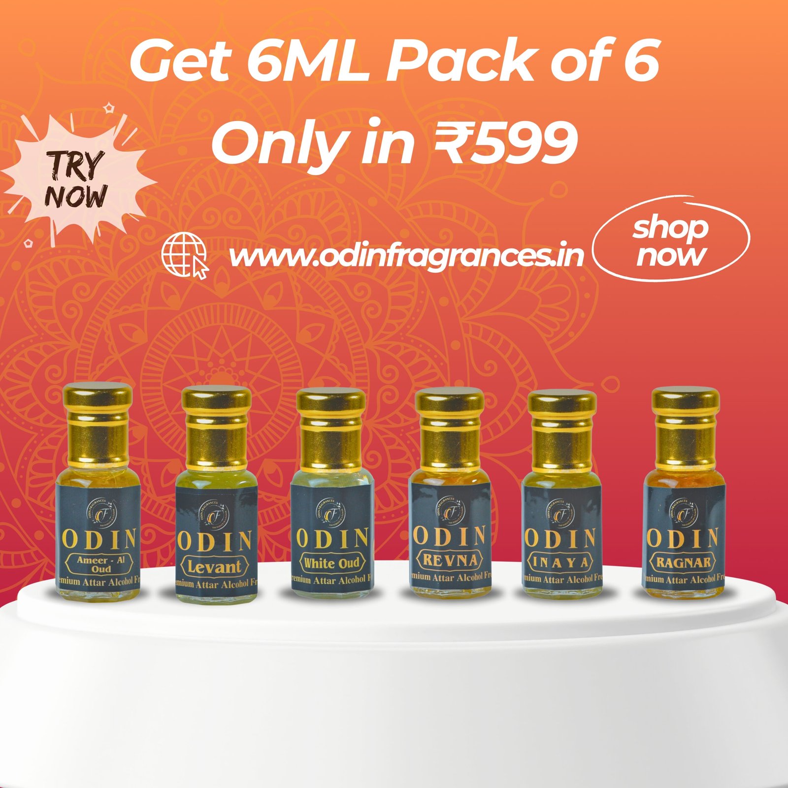 ODIN FRAGRANCES PACK OF 6 x 6ML POCKET ATTARS | UNISEX ATTARS WITH LONG LASTING |